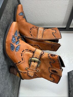 Women's Tan Embellished Western Ankle Boots - Leather Look